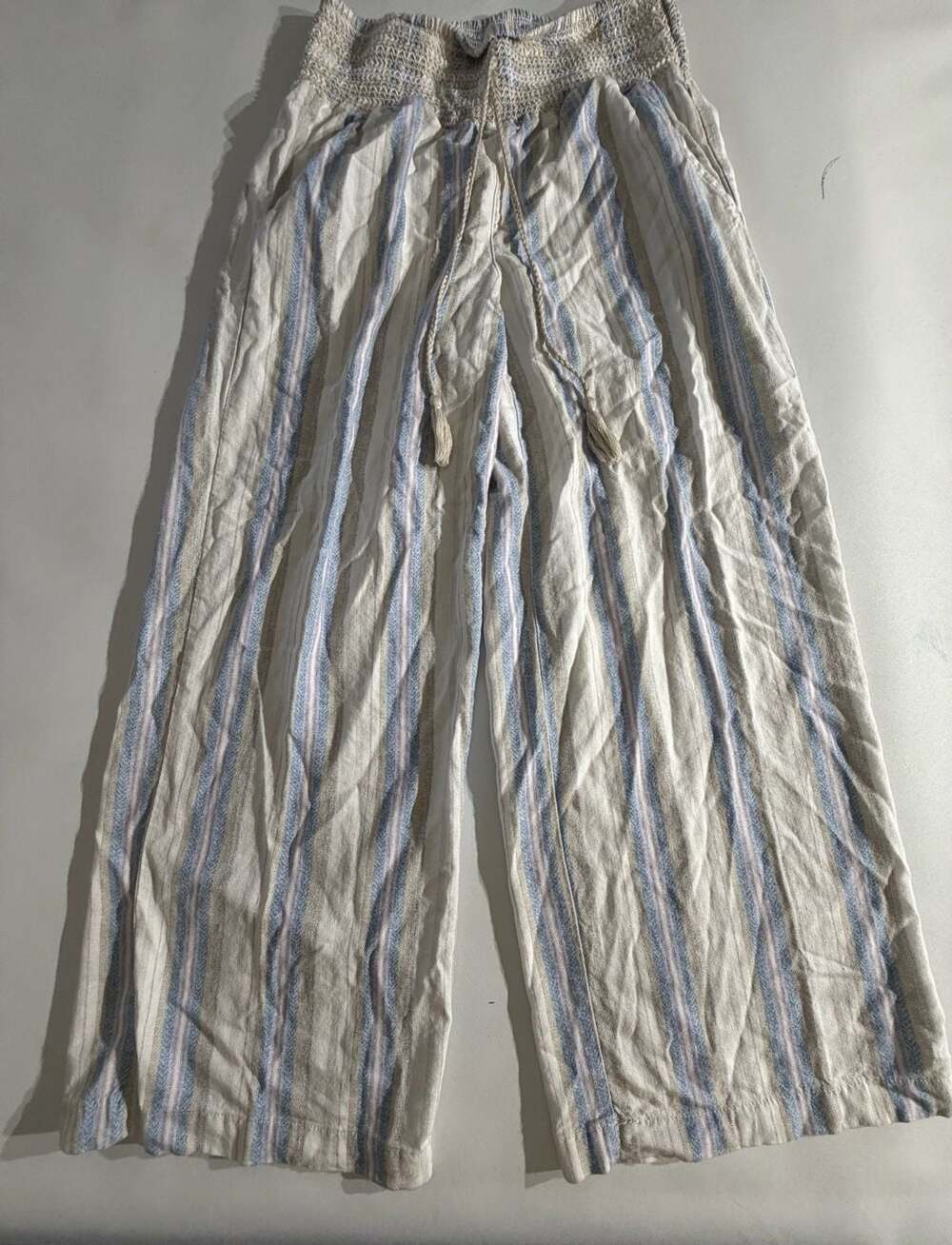 Cato Linen Blend Striped Smocked Waist Wide Leg Pants Petite SP